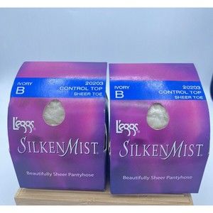 2 Pair Vintage L'eggs Silken Mist Control Top Sheer Toe Size B Ivory Pantyhose